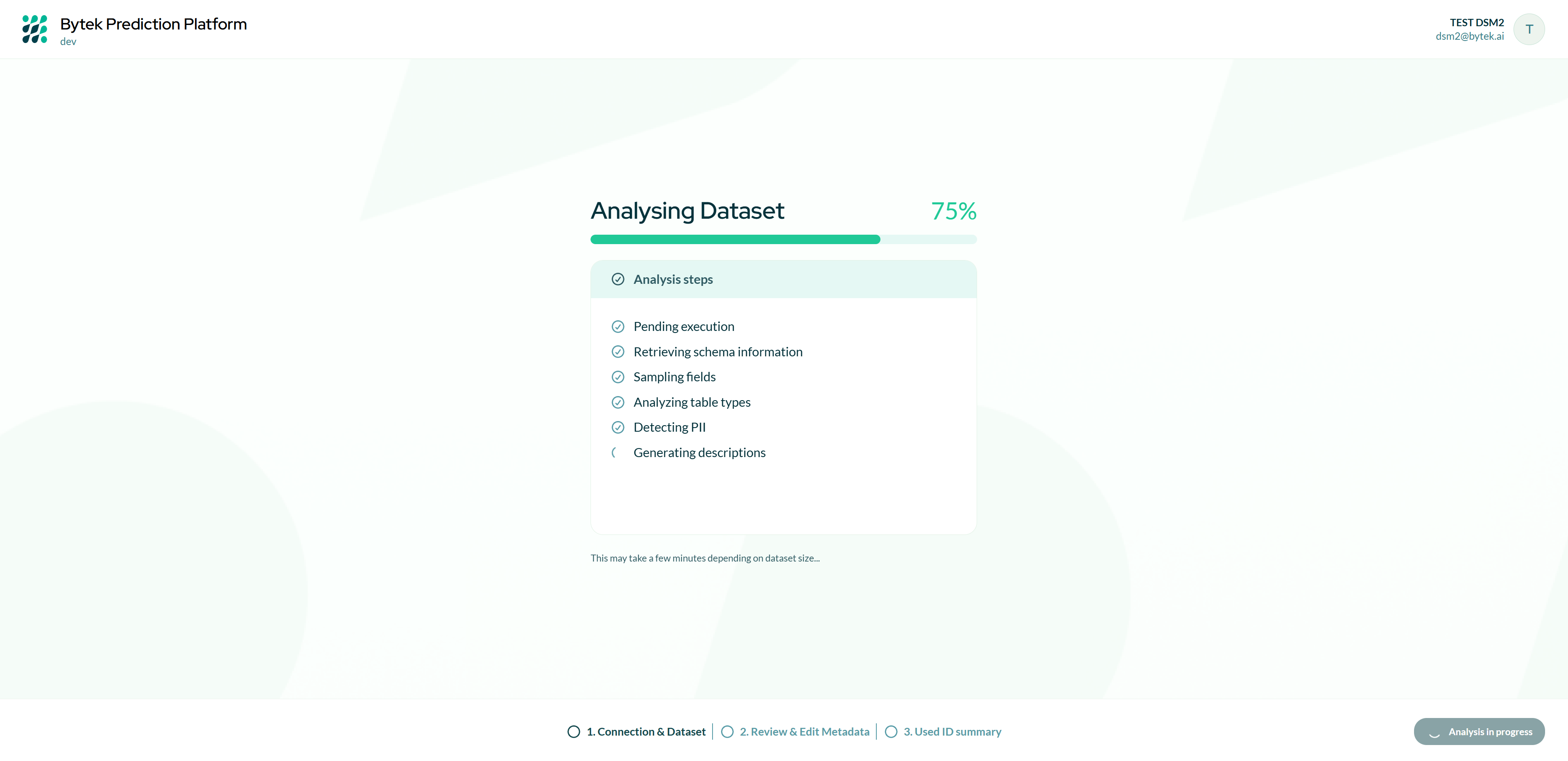 Analysis in progress screen